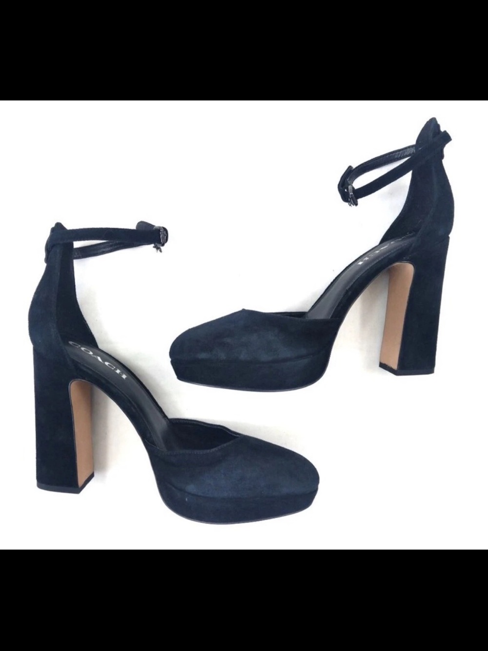 Coach Chrystie Black Suede Platform Ankle-Strap Heels - Size 6.5 - NWOT